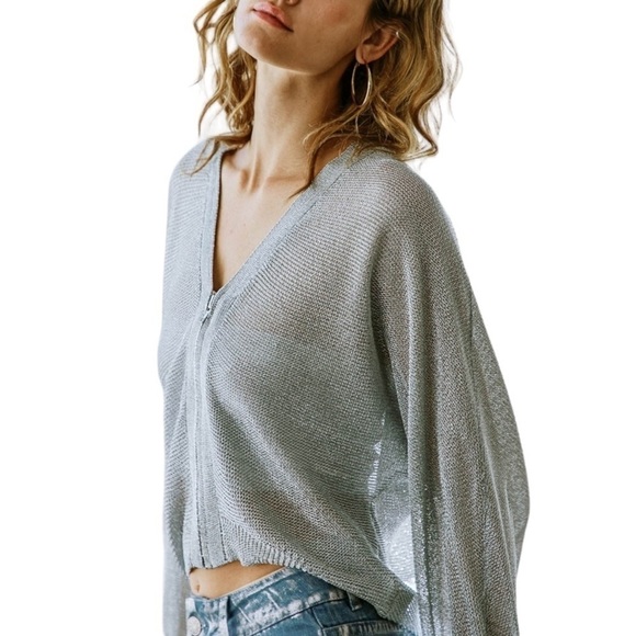 Free Market Women Jacket Small Silver Metallic Thread Foil Knit Contemporary - Picture 3 of 11